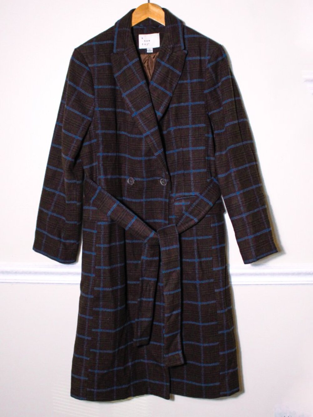 A New Day Plaid Belted Trench Coat Brown Teal Blue Long Overcoat Double Breasted